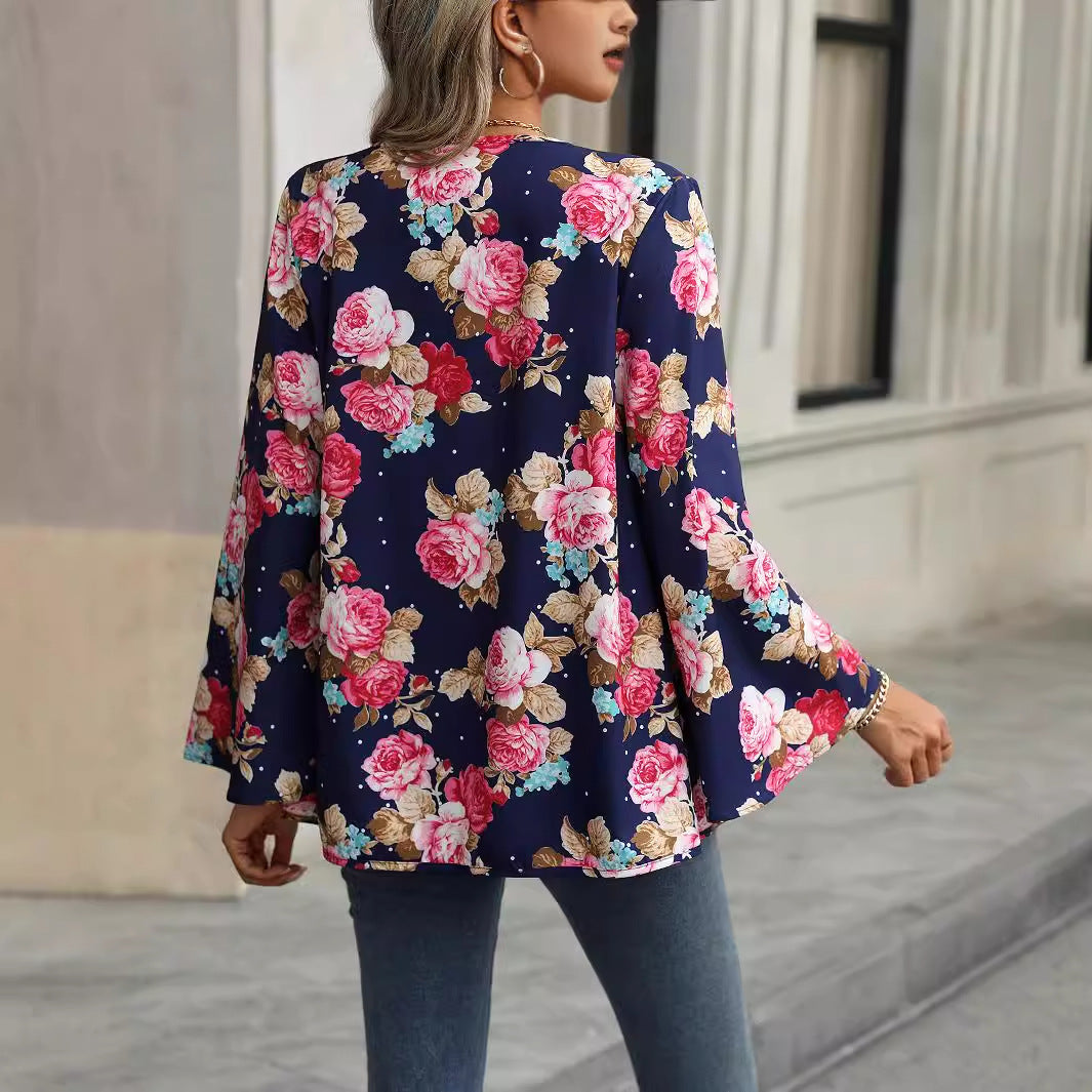 V-neck Floral Bell Sleeve Blouse
