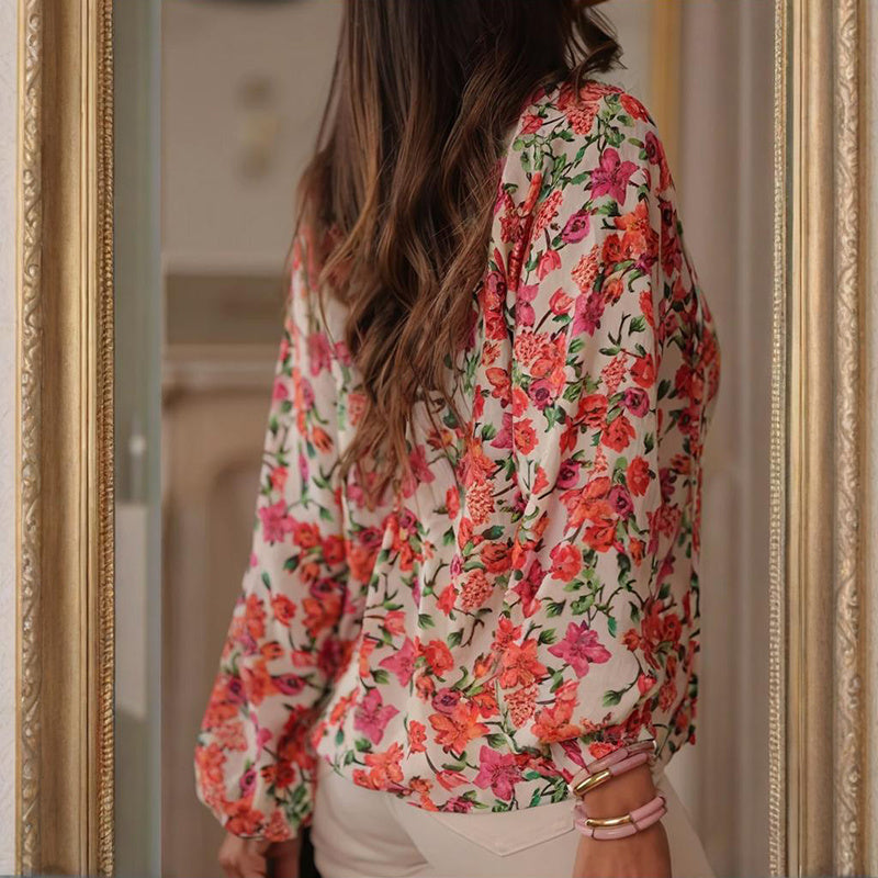 Women's Casual Boho Floral Print V Neck Long Sleeve Drawstring Tops Loose Blouses Button Down Shirts